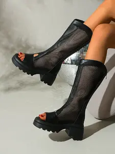 Women's Long Calf Sandals, Summer New Arrival, Large Size, Mesh Breathable, Solid Color, Thick Sole, Comfortable Footwear