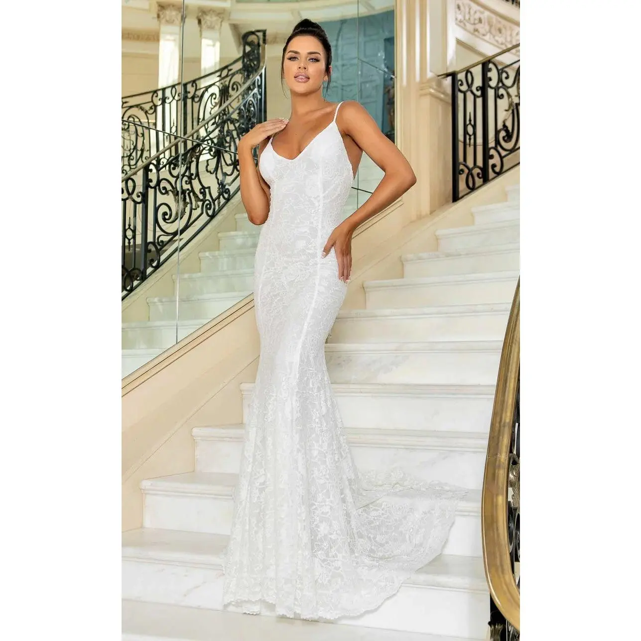 Jessica Angel JA10016 V-Neck Spaghetti Strap Mermaid Open Back Lace Wedding Dress
