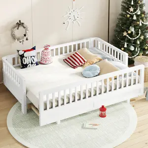 Twin XL Size Platform Floor Bed with Guardrails, Solid Wood Extendable Twin XL Bed Frame, Can Be Converted into a Queen Platform Bed, No Box Spring Needed