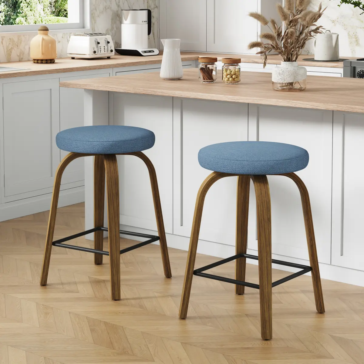 [Bellemave] Swivel Bar Stools Set of 2, Counter Height Backless 26″/30″ Bar Stools, Fabric Upholstered Seat, Sturdy Wood Legs and Metal Footrest, Mid-Century Modern Island Stools for Home Bars, Restaurants