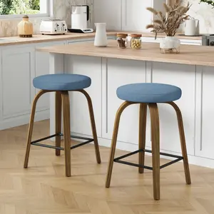 [Bellemave] Swivel Bar Stools Set of 2, Counter Height Backless 26″/30″ Bar Stools, Fabric Upholstered Seat, Sturdy Wood Legs and Metal Footrest, Mid-Century Modern Island Stools for Home Bars, Restaurants﻿