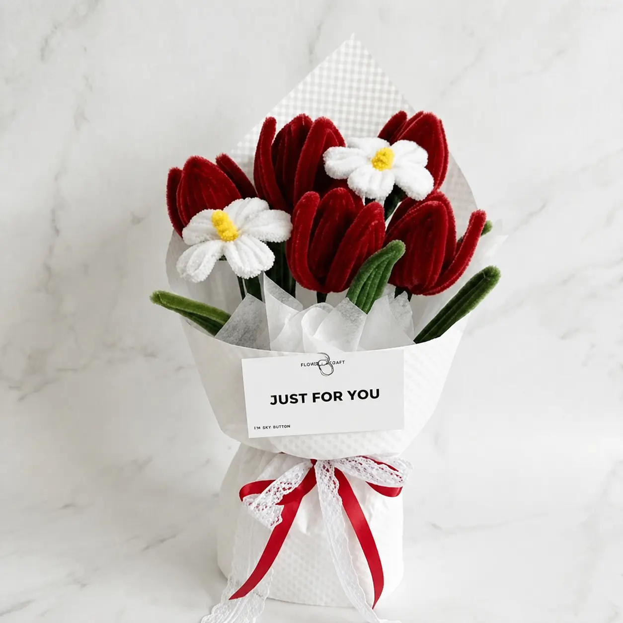 Handmade Decorative Mixed Bouquet Pipe Cleaner Flowers - 5 Deep Red Tulips, 2 White Daisies, Lace Ribbon, Gift Wrap, Floral Decor for Home Supplies & Special Occasion Gifting, Romantic Bouquet, Never Wilt