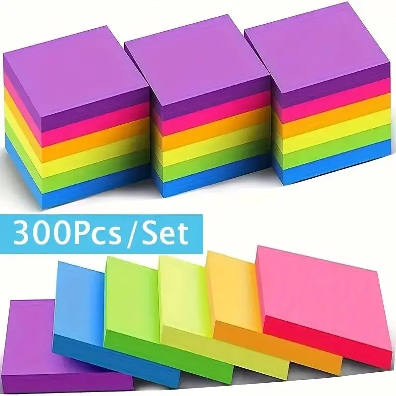 300 Fluorescent Color Sticky Notes, Various Colors, Suitable for Students and Office, Colored Notebook Paper, Home Info Notes, Reminder Notes, Self Adhesive Stickers, Sticky Notes Set