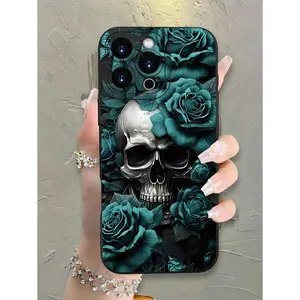Hot Selling Skull With Teal Roses Art Pattern Design Theme Luxury Shockproof Aesthetics Cute Phone Case, Lens Highlighting Protection, Compatible With For IPhone 16/16Plus/16Pro/16ProMax, 15, 14, 13, 12, 11 Series,Suitable For IPhone 17 Air
