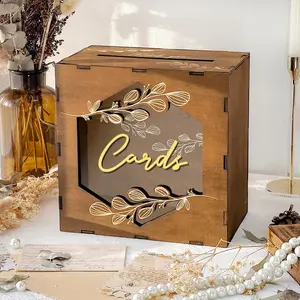 Brown Wedding Card Box with Acrylic Window, Wooden Gift Card Box for Wedding Reception Decorations, Money Newly Named Box Decorations for Reception Party Birthday Rustic Wedding Decor