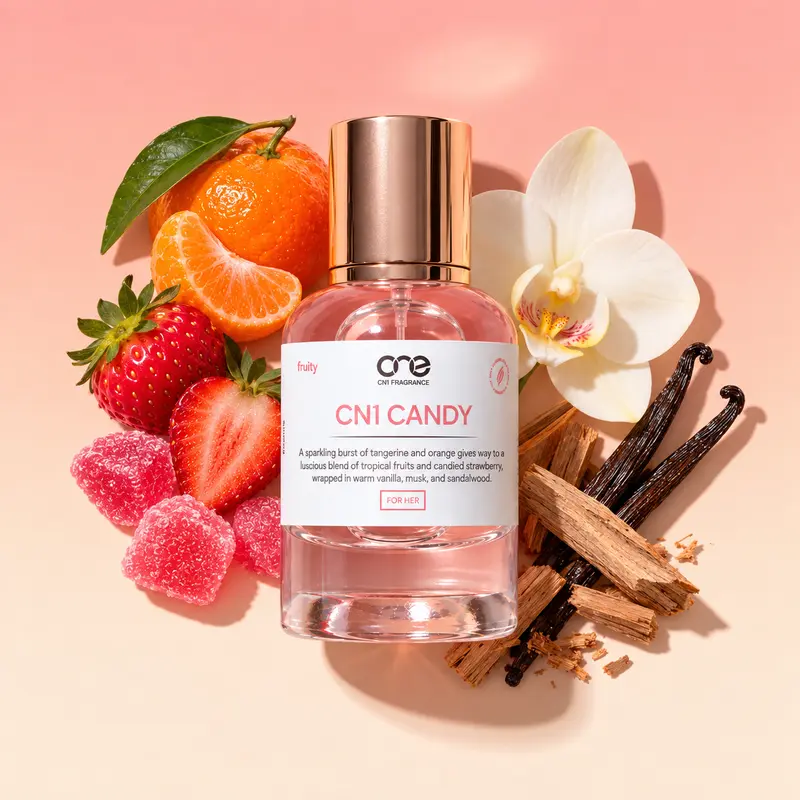 CN1 Candy, Delightful Fragrance with Musk Scent Top Notes of Tangerine Orange Orchid Petals Fizz Candy Tropical Fruits Ripe Strawberry Rich Base Vanilla Sandalwood