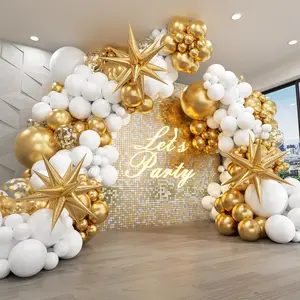 White Gold Balloon Garland Arch Kit with 3 Starburst Balloons Metallic Gold White for Wedding Birthday Decor
