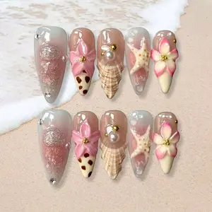 Summer Island Gradient Press On Nails, 3D Plumeria, Starfish & Shell Decor, Glitter Gold Bead & Pearl Long Almond Removable False Nails, Perfect for Vacation, Beach & Date, with Jelly Glue and Nail File