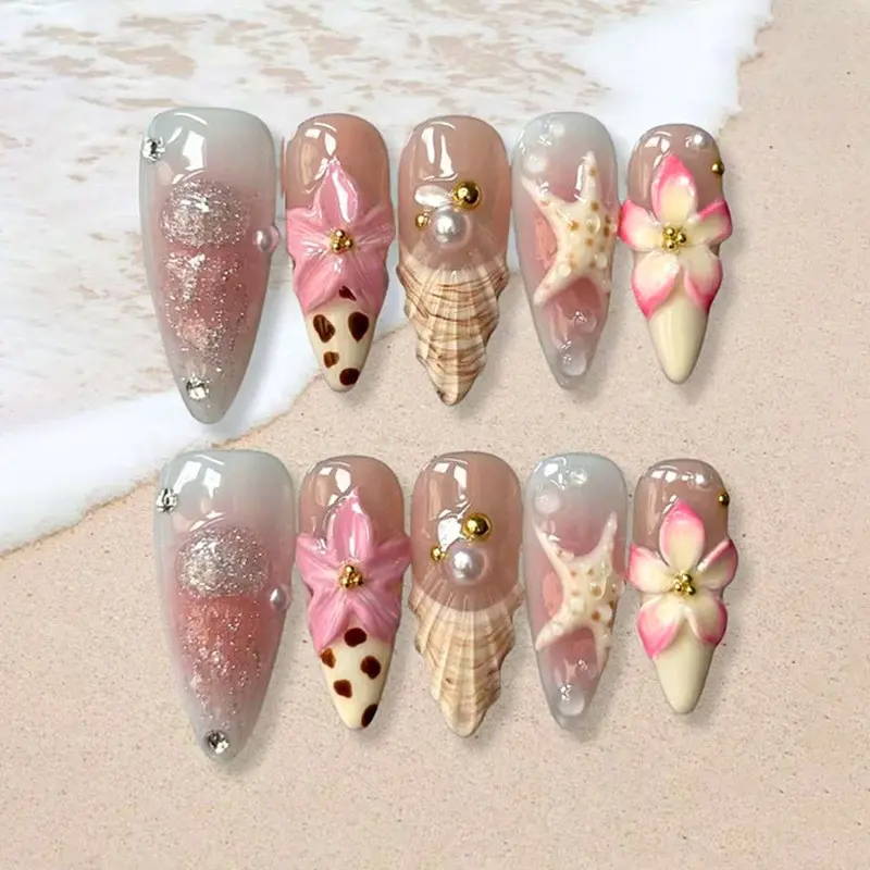 Summer Island Gradient Design Press On Nails, 3D Plumeria, Starfish & Shell Decor, Glitter Gold Bead & Pearl Long Almond Removable False Nails, Perfect for Vacation, Beach & Date, with Jelly Glue and Nail File