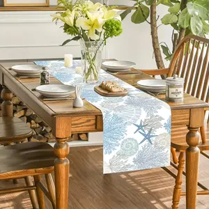 Ocean Starfish Coral Print Table Runner, Rectangular Table Flag for Indoor Outdoor Use, Home Kitchen Party Decor, Wedding Dinner BBQ
