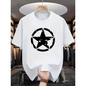 Men's Casual Crew Neck T-Shirt Geometric Five-Pointed Star Print Slight Stretch Regular Fit Summer Outdoor Wear Black