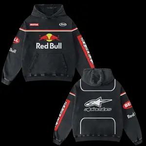 Retro Bull Red Design Racing Washed Hoodie MotoGP World Champion Enthusiast Apparel Streetwear Akrapovic Shoei Helmet Racing Team Super Motorsports Clothing Riders Motocross Off-Road Dirt Bike Fan Gear Cotton For Moto Fan1 3W