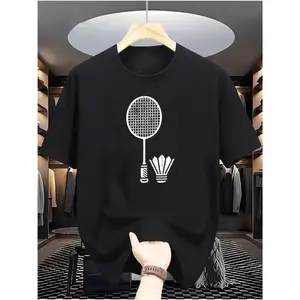 Men's 100% Cotton Badminton Pattern T-Shirt – Casual Sports Crew Neck T-Shirt, with Racket and Badminton Design, Black, Short Sleeve, Suitable for Daily and Weekend Wear Vintage Designer Oversized T-Shirt tees good fashion round neck