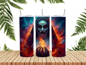 The Nun Horror Tumbler with Lid and Straw Halloween Favorite 20oz Double Insulated BPA Free Spooky Design