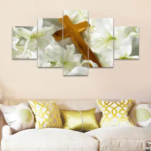 Cross in Flowers Pattern Canvas Unframed Painting, 5 Counts Religious Art Modern Wall Art Painting, Wall Art Decor for Home Living Room Bedroom Office, Ornaments, Wall Art Decoration