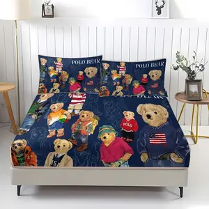 3 Piece Bear Pattern Fitted Sheet Set, Soft And Durable Bedding Set Includes 1 Piece Flat Sheet And 2 Pieces Pillowcases, Daily Holiday Birthday Gift Bedroom Decorations For Kids And Adults, Bed Sheet Sets
