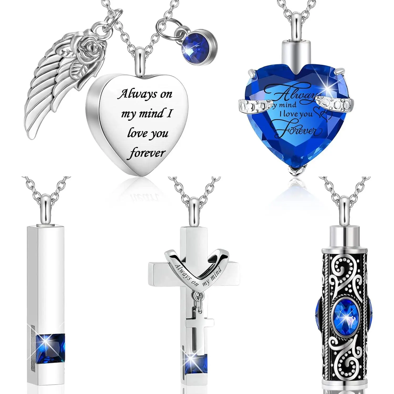 5 Pcs Urn Necklace for Ashes Cremation Jewelry Necklace Set for Ashes Memorial Keepsake Heart Cross Cubic Stainless Steel Urn Jewelry for Loved One or Pet Women Men, 5 Styles
