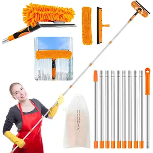 2 in 1 Double-Sided Professional Window Cleaning Squeegee Kit, Window Washing Tool with 20+Ft Extension Pole, Microfiber Scrubber Duster for Indoor Outdoor High Glass & High Ceilings