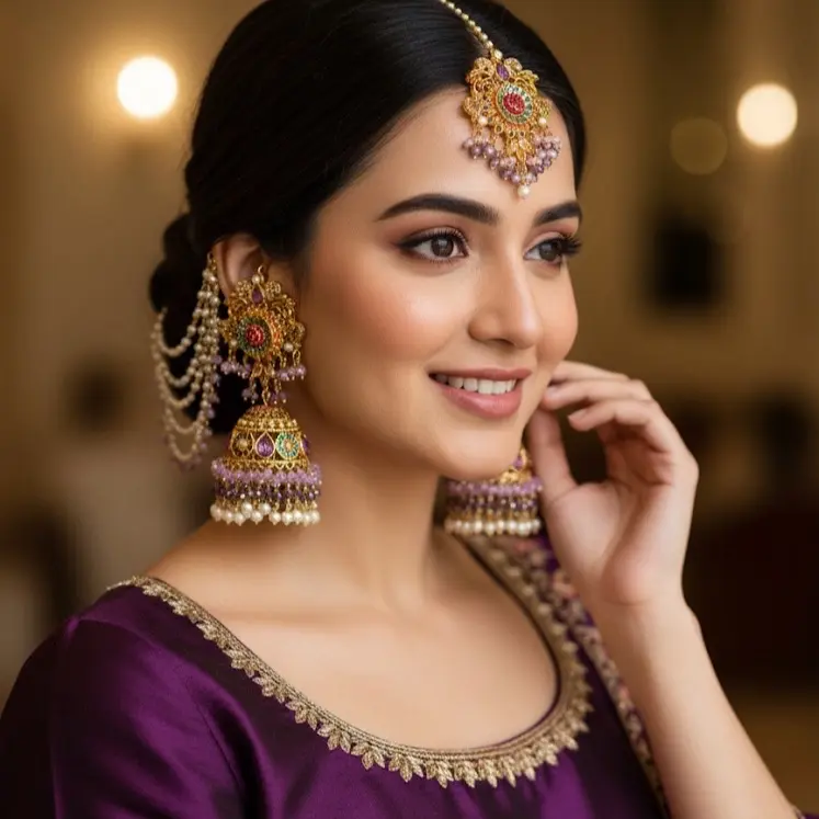 Nauratan Jhumkas with Sahara and Tikka Party Wear Set - Elegant Beaded Jhumka Earrings and Matching Necklace for Special Occasions