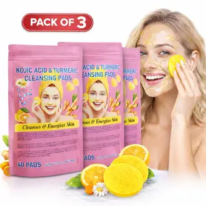 Turmeric Kojic Acid Cleansing Pads for Face – Exfoliating & Brightening Face Pads with Vitamin C & B5, Deep Cleansing, Dark Spot Care & Oil Balance – 3 Pack (120 Pads Total)
