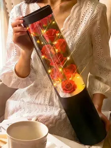 2026 Valentine's Day Soap Flower Bouquet in Hugging Bucket with String Lights, Festive Floral Gift for Girlfriend or Mother