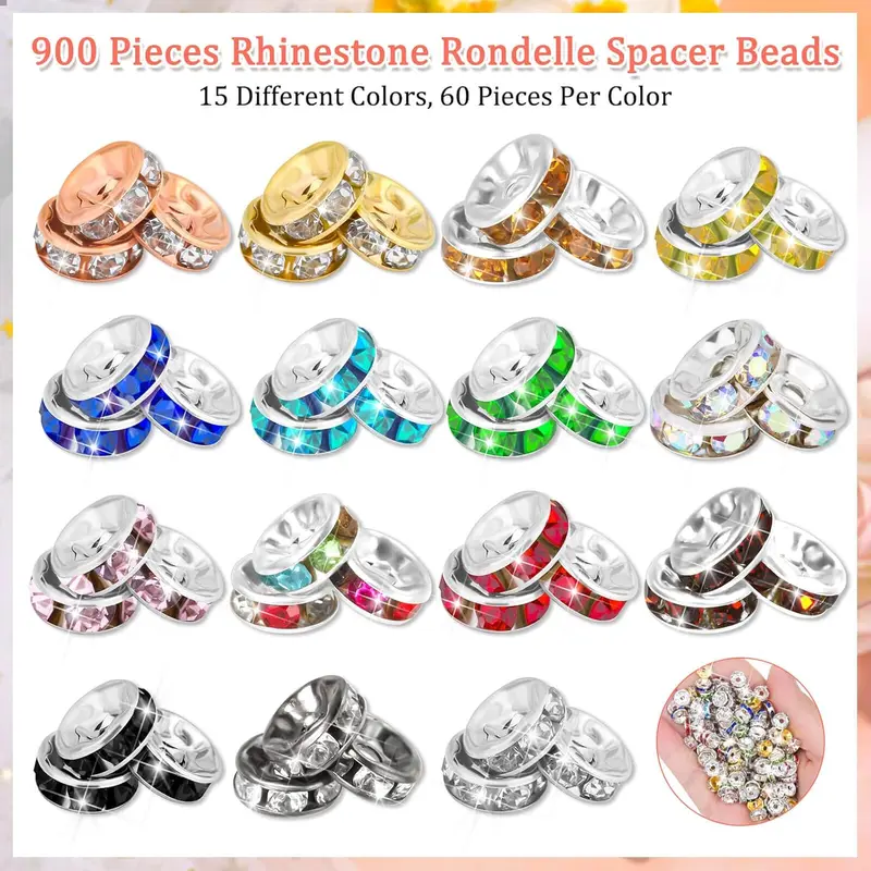 900Pcs Rondelle Spacer Beads for Jewelry Making 8mm Rhinestone Crystal Bead Spacers for Bracelets Focal Beads for Pen Crafting Kitchen Utensils Decoration Items