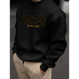 Menswear Long Sleeve Combed Cotton Hoodie - Unisex, Boxy Cut, Round Neck, Basic Graphic Digital Sablon Boston Print, Ruccas Decking Stamps, Tropical Casual Tee, Breathable Fabric, Sweat-Wicking, All-Seasons Top, COD Available