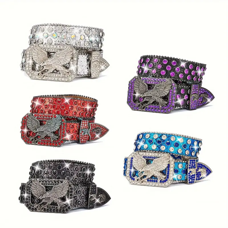 1pc Exaggerated Light Luxury Men's Belt Punk Style Rhinestone Inlay Flying Eagle Rock Fashion Belt Men's Belt