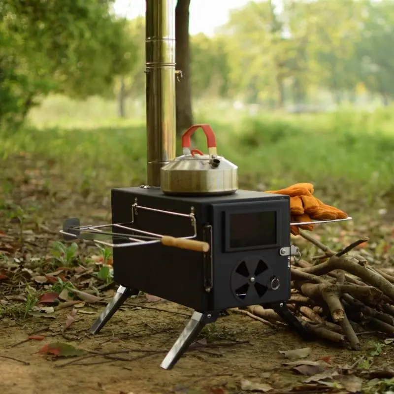 Black Foldable Cast Iron Camping Wood Stove with 7 Stainless Steel Insulated Chimneys, Included Pot, Camping Equipment for Outdoor Hunting Cooking & Heating