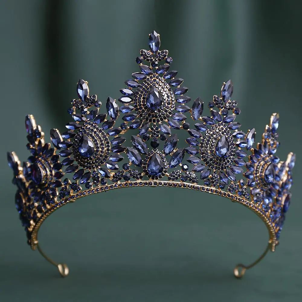 Baroque Diadem Blue Rhinestone Crystal Tiaras Bride Headdress Princess Wedding Crown Pageant Hair Jewelry Accessories