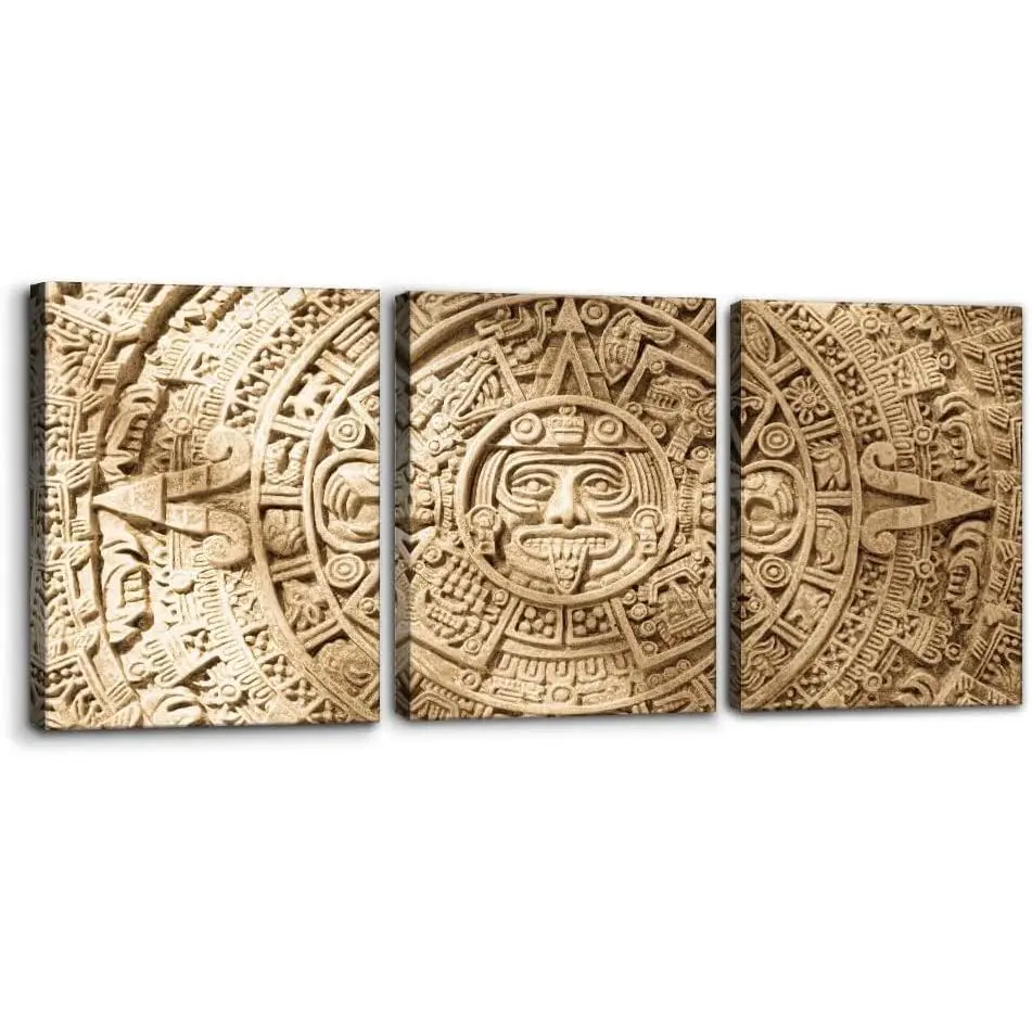 3 Pieces Framed Wall Art Hanging Decor - Geometric Aztec Calendar Canvas Prints, Mayan Civilization Modern 2D Flat Artwork, Ready to Hang for Home Study Decor, Mother's Day & Children's Day Gift, 12"x16"x3, Childrens Day