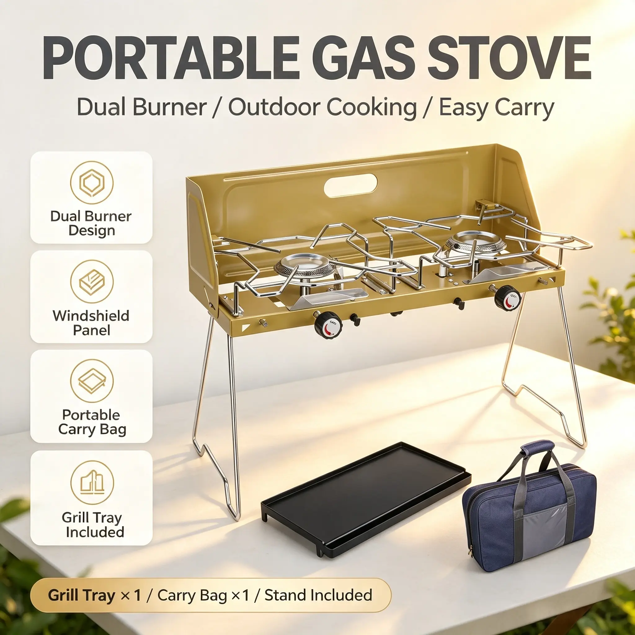 Portable 2-Burner Propane Camping Stove - 1 Adjustable Burner, Wind Guards, Griddle for Camping, Tailgating (Outdoor Camp Kitchen Grill Gear)