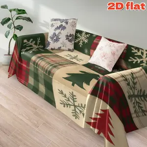 2D flat 1Pc Christmas Plaid Snowflake Tree Pattern Sofa Cover - Elegant Green Red Beige Holiday Theme Throw Blanket All Season Couch Protector Perfect for Living Room Home Decor Festival Decoration Machine Washable Dustproof Sofa Slipcover