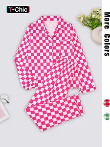 Women's Plaid Print Lapel Neck Button Front Top & Pants Pajama Two-piece Set, Elegant Comfy Long Sleeve Top & Pants Pj Set, Ladies Sleepwear for Spring & Fall, Casual Sleepwear Set