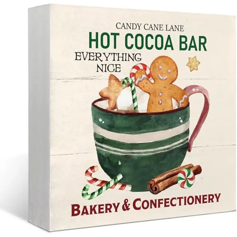 Christmas Gingerbread Decorations Wooden Box, Mini Coco Wood Sign, Hot Cocoa Bar Sign, Gingerbread Christmas Decor for Kitchen Home Table Desk, Christmas Ornaments, 5x5inch