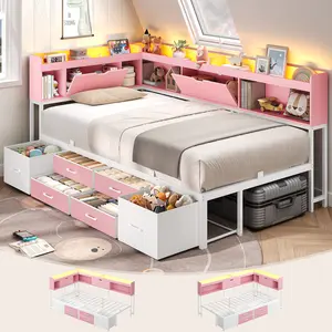 AOGLLATI Twin Corner Bed Frame with Bookcase and Hidden Storage & Metal Platform Twin Size Daybed with 6 Drawers,Charging Station, Led Lights