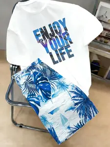 Men's T-Shirt & Shorts Set, Letter Print Beach Pattern, Comfortable Fashion, Perfect for Summer Vacation Casual
