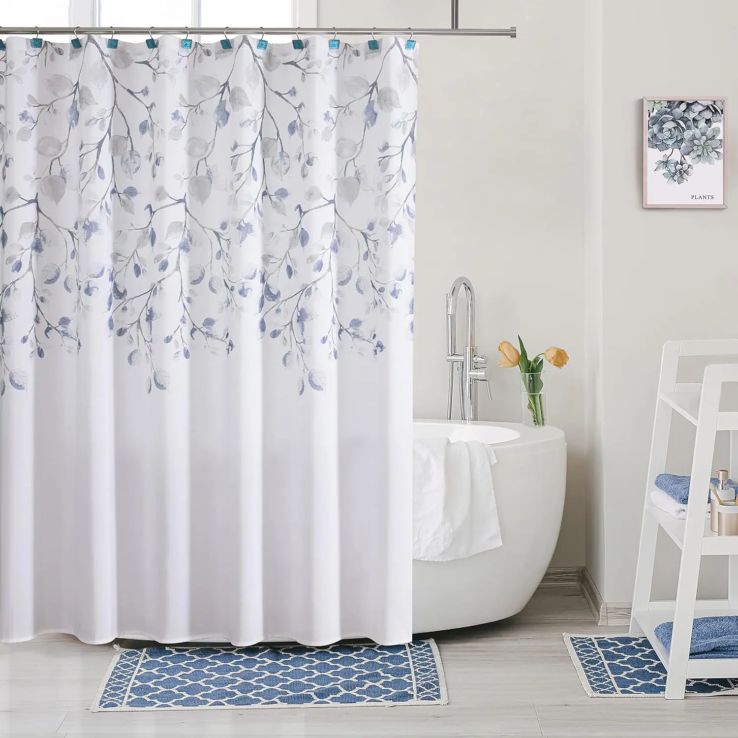 Navy Blue Leaf Shower Curtain Water Resistant Decorative Sweeping Floral Print Canvas Bathroom  Hotel Shower Curtain with Buttonholes (White, 70"x72")