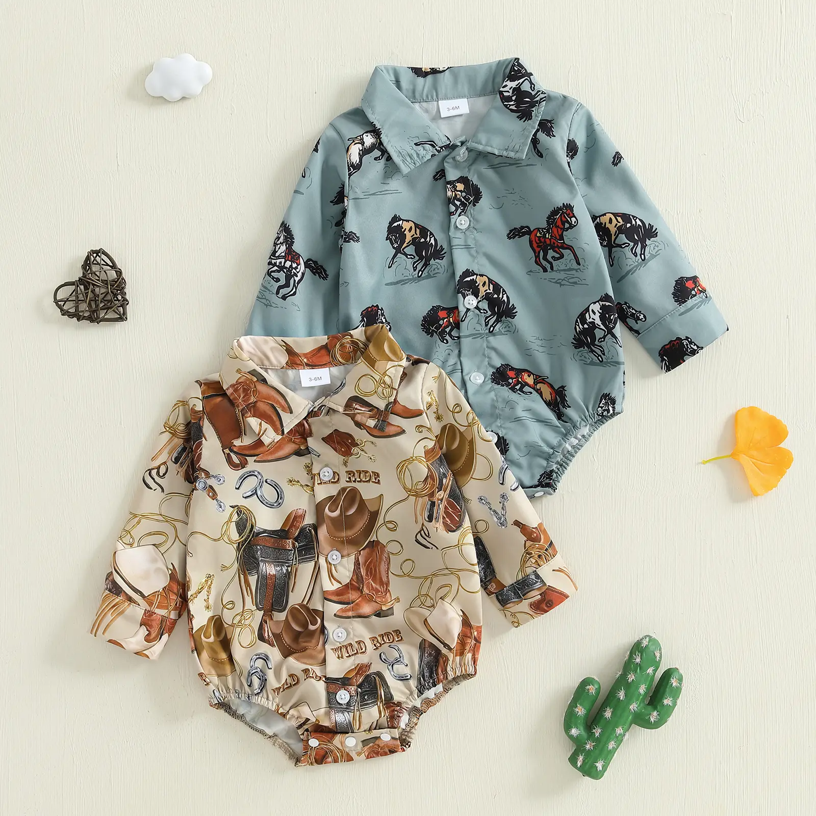 FOCUSNORM Newborn Western Baby Boy Outfit Long Sleeve Cowboy Dress Shirt Infant Bubble Romper Button Bodysuit Oneise Clothes