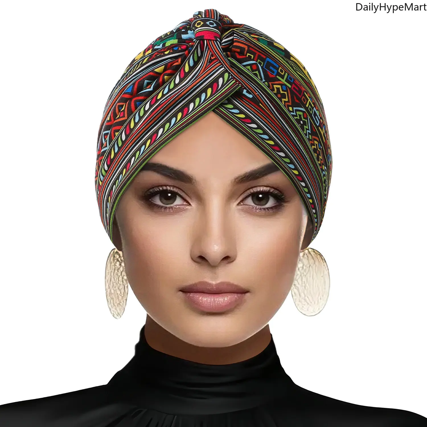 Boho Twilly Head Wrap for Women, Auspicious Print Turban Cap with Knot Detail for Anniversary and Beach Occasions, Boho Floral Scarves, Floral Headscarf, Christmas, Funky, Engagement, Pvc