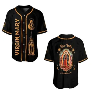 Our Lady of Guadalupe Baseball Jersey Virgin Mary Graphic Button Up Shirt Mexican Faith Inspired Apparel