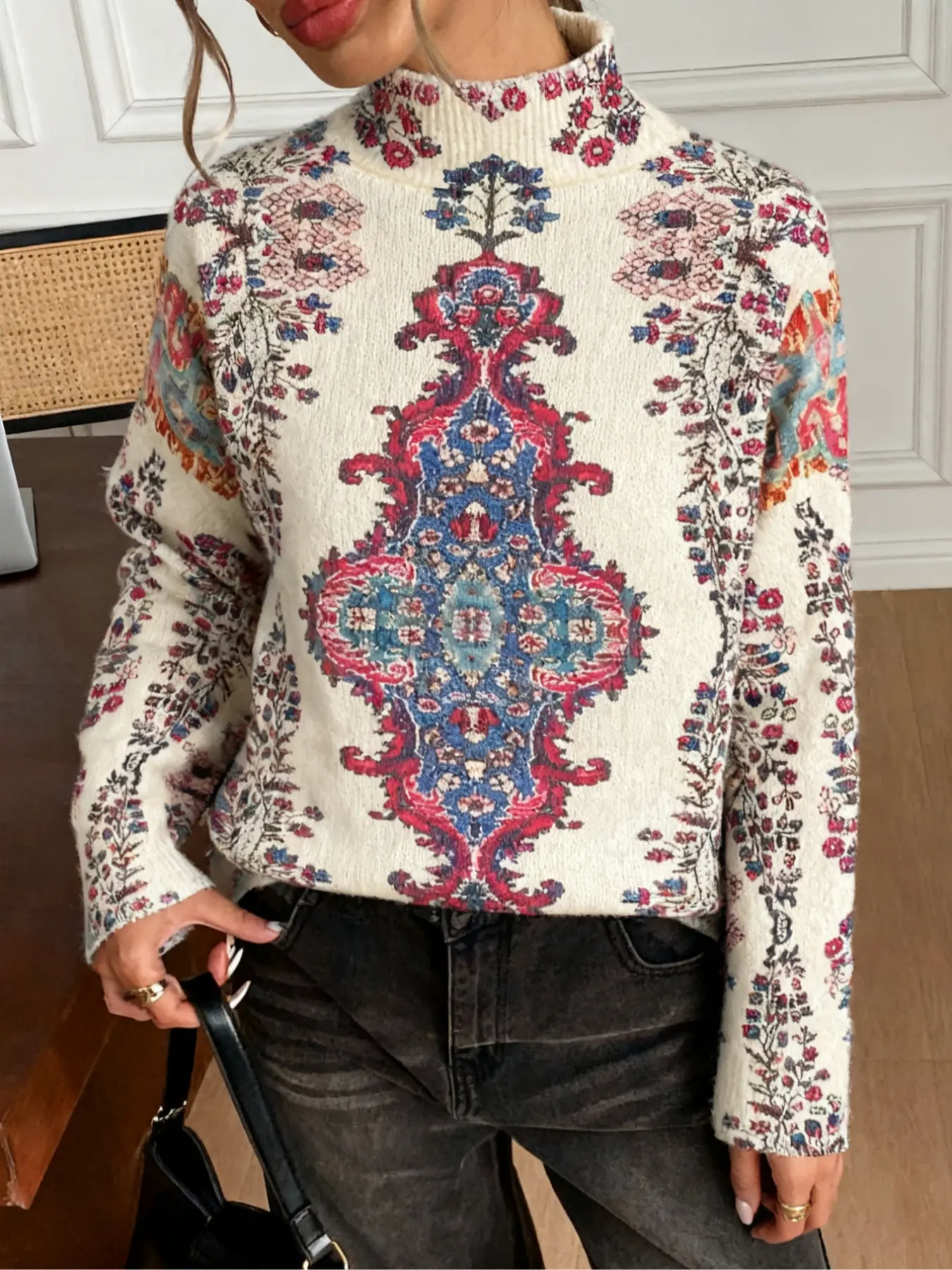 Women's Vintage Ethnic High Neck Knit Sweater, Bohemian Carpet Pattern Long Sleeve Pullover, Slim Fit Fashion Top for Fall & Winter