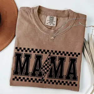 Comfort Colors Retro Mama Lightening Bolt Shirt, Varsity Mama Shirt, Mother's Day Gift, Gift for Mama, Retro 90s Checkered Mom Shirt, Mother's Day Shirt - AG