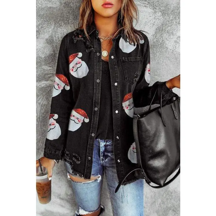 Santa Sequin Snap Down Raw Hem Jacket