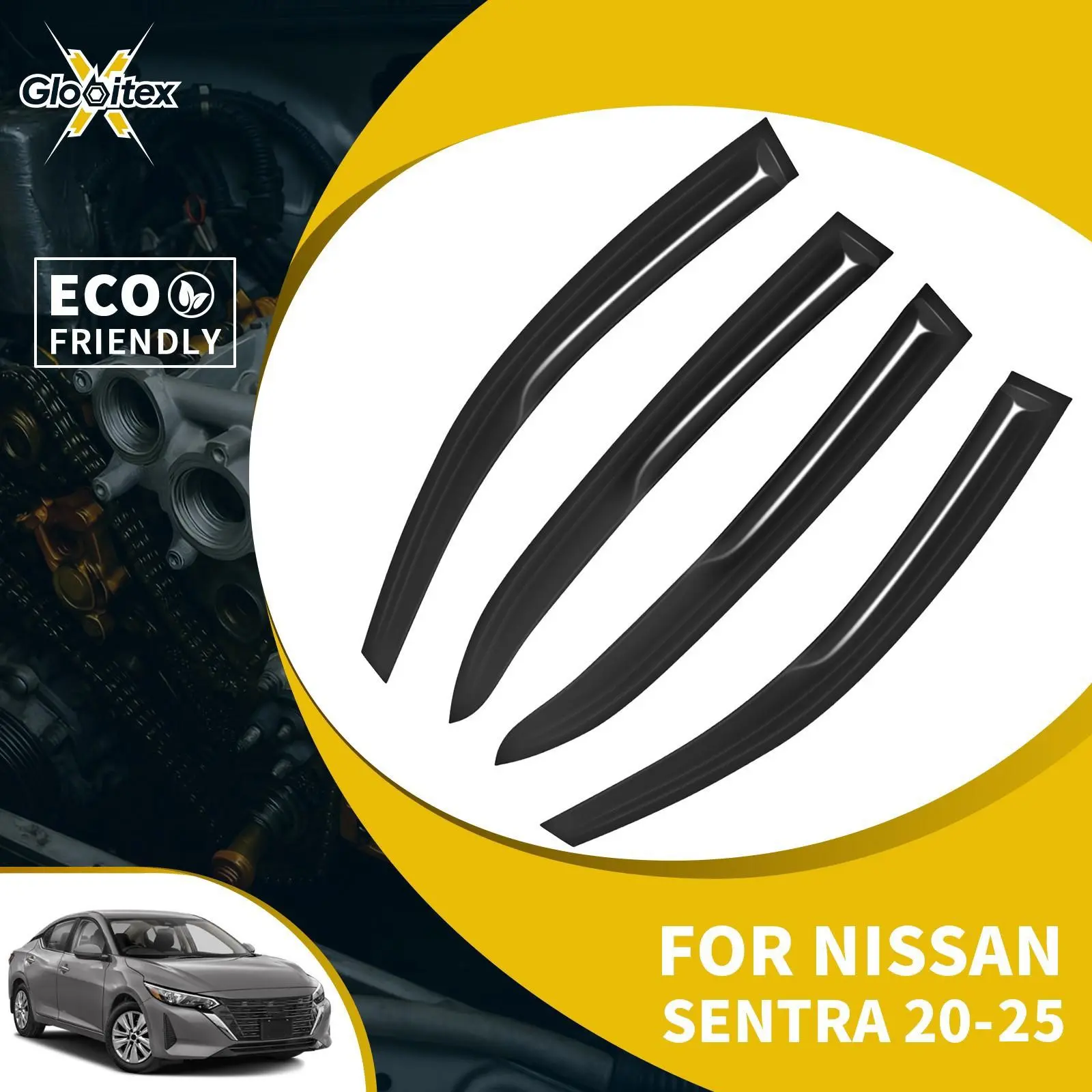 100% Brand New Tape-On Side Window Visors for Nissan Sentra 4-Door 2020-2024, 4PCS Low Profile JDM Mugen Style Acrylic Car Sun Deflectors with Water Drainage, Peel & Stick Rain Guards Vent Exterior Accessories