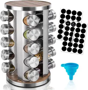 360-Degree Rotating Stainless Steel Spice Rack Organizer with 20 Pcs Jars, Kitchen Storage for Cabinet and Countertop