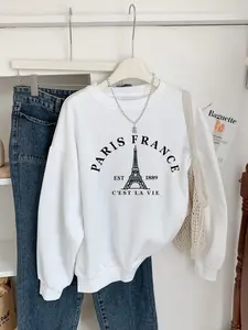 Paris Eiffel Tower Graphic Pullover Sweater, Stylish Women's Casual Wear, Warm Comfortable Fabric, Perfect for Daily & Commuting Use