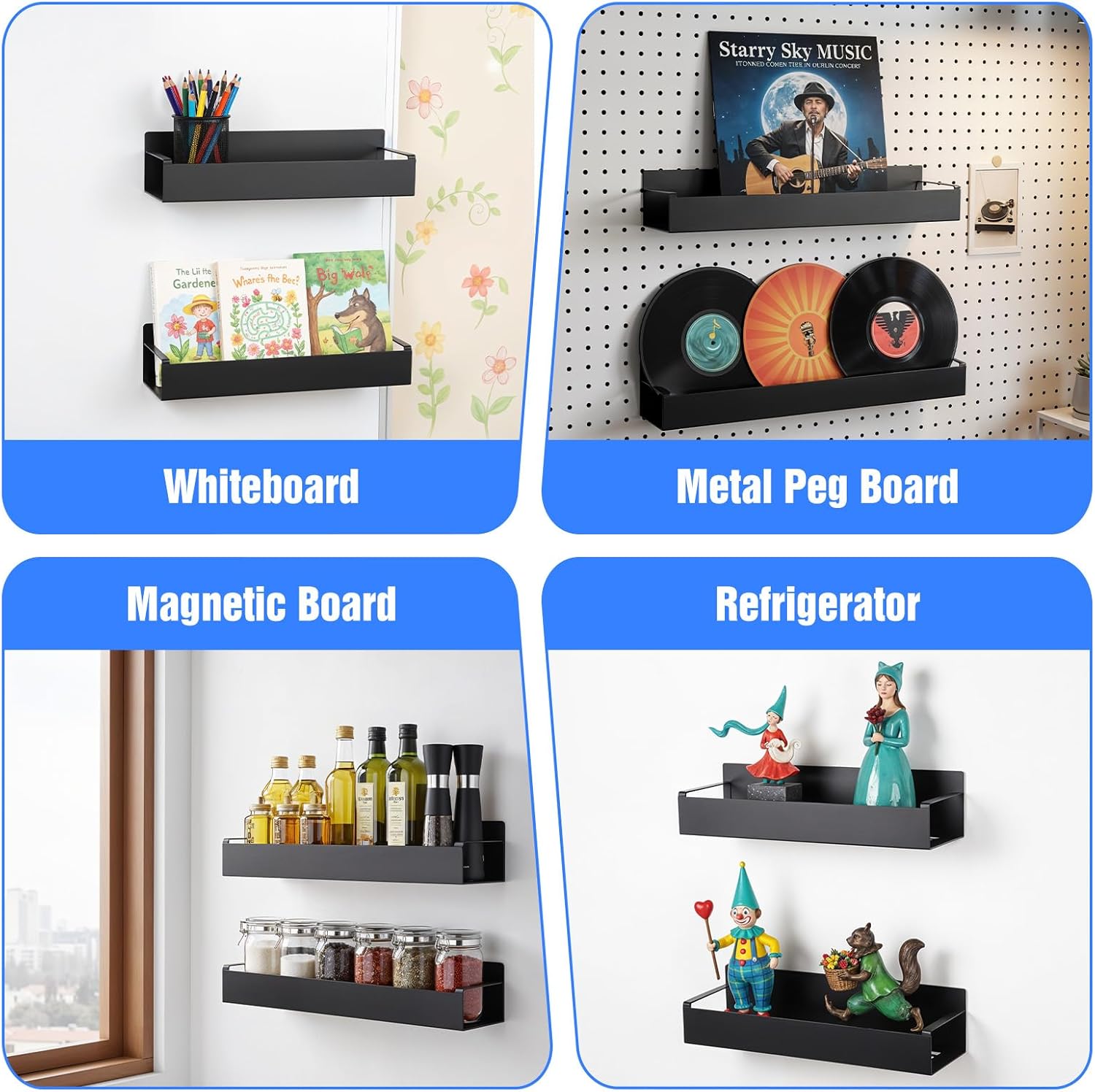 2 Pcs Magnetic Spice Rack for Refrigerator,Heave Duty Magnetic Shelf for Kitchen,Magnet Book Shelf for Whiteboard,Space Container,Drill Free, Black