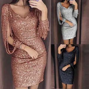 Sexy Sequin Skinny Fringe Dress V Neck Elegant Long Sleeve Party Dresses Women??s Glitter Nightclub Hip Wrapped Mini Dress Formal