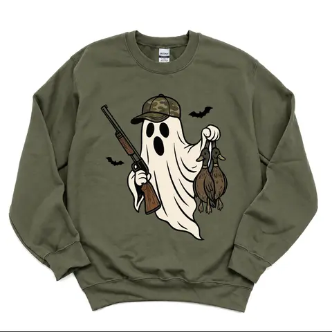 Halloween Boo Ghost Duck Hunting Unisex Pullover Sweatshirt, Spooky Hunting Camo Ghost Top Wear, Hunting Duck Call Halloween Gifts